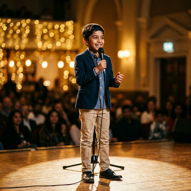 Confident child speaking on stage