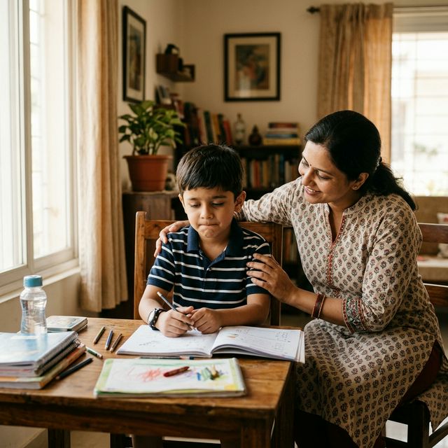 Child experiencing hesitation with parent supporting