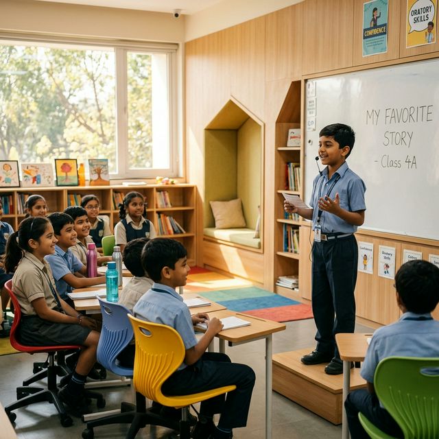 Children in a public speaking class